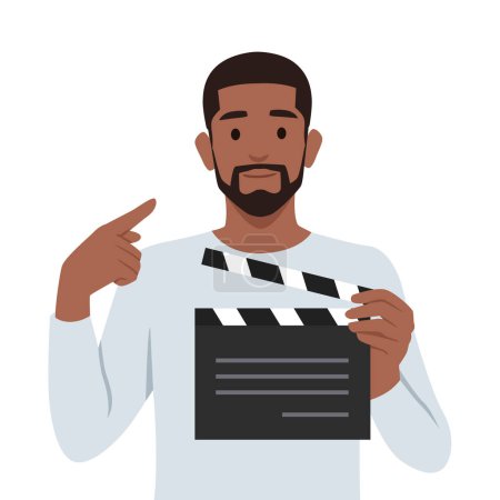 Jeune homme personnage tenant un panneau de battement, industrie vidéo. Illustration vectorielle plate isolée sur fond blanc