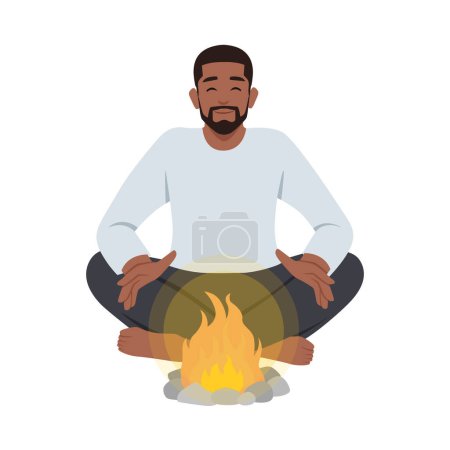 La persona prendió fuego a sus manos por tener calor del fuego para calentar su cuerpo y su entorno cálido. Ilustración vectorial plana aislada sobre fondo blanco