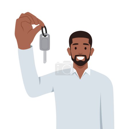 Man holding car key as he is just buying a new car or selling cars. Flat vector illustration isolated on white background