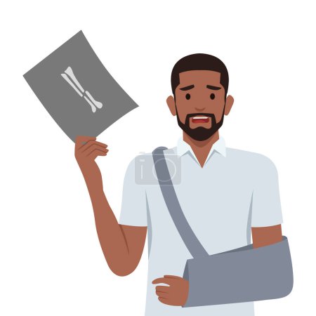Illustration for Young man who injured his arm hand. Broken arm on x ray and recovering with cast. Flat vector illustration isolated on white background - Royalty Free Image