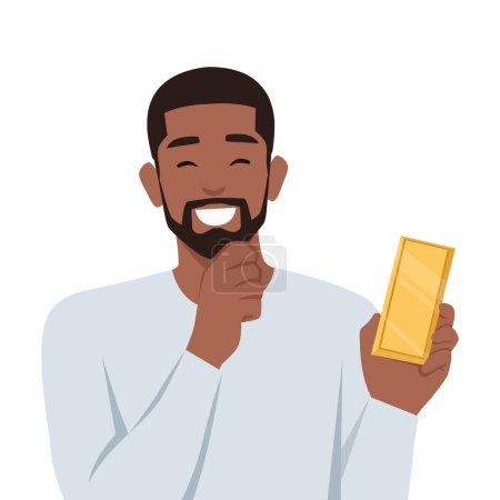 Young man smiling holding gold bar for investment. Flat vector illustration isolated on white background