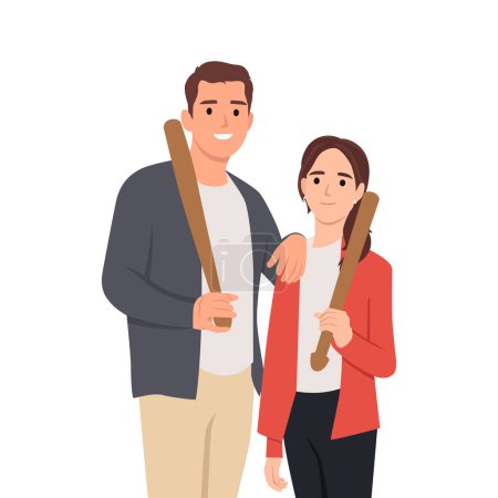 Young couple with baseball bats. Flat vector illustration isolated on white background