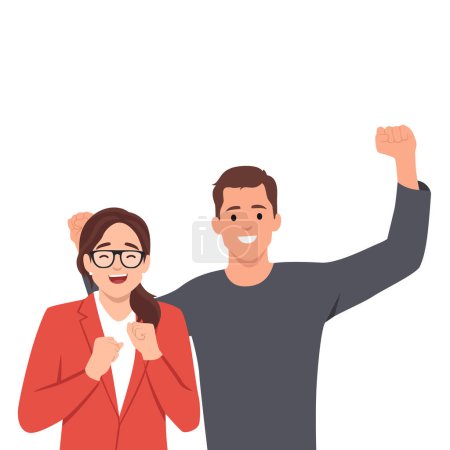Young couple doing winner gesture celebrate clench fists say yes. Flat vector illustration isolated on white background