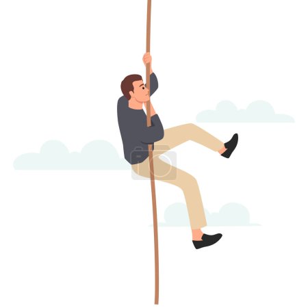 Businessman hanging onto a rope fearing from below. Flat vector illustration isolated on white background