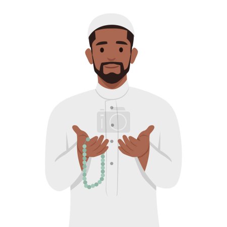 Ilustración de Hombre musulmán joven rezando mientras sostiene cuentas de rosario. Ilustración vectorial plana aislada sobre fondo blanco - Imagen libre de derechos