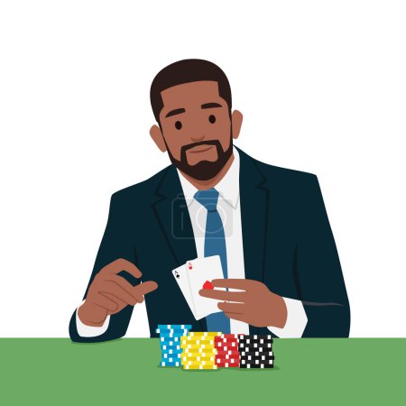 Young bearded businessman wearing suit Playing poker. Flat vector illustration isolated on white background