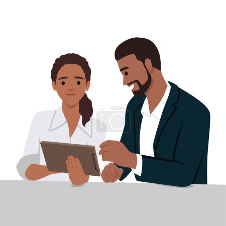 Businessman and woman discussing about sales on tab or analyze data for marketing plan. Flat vector illustration isolated on white background