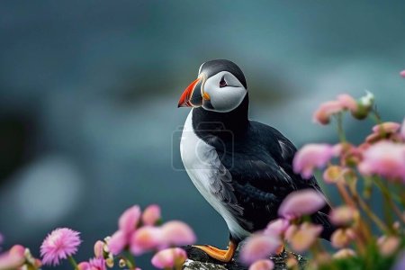 Puffin standing on a rock with pink flowers in the background