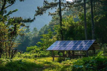 Solarmodul im Wald. Alternative Energiequelle. Alternatives Energiekonzept.