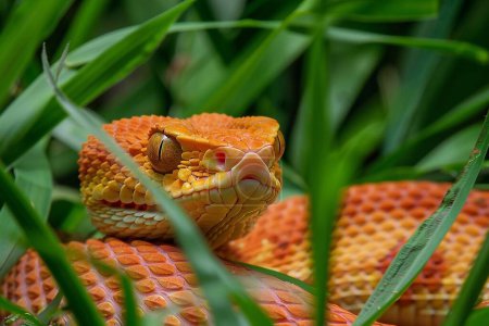 Primer plano de la cabeza de una serpiente naranja en la hierba.