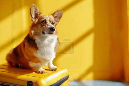 Foto de Perro corgi galés sentado en sus patas traseras sobre una maleta de viaje amarilla sobre un fondo amarillo. Concepto de viaje. Copiar espacio. - Imagen libre de derechos
