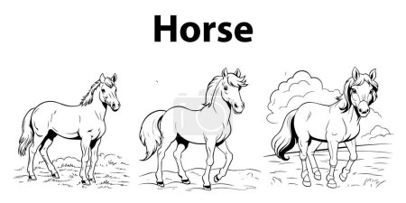 Téléchargez les illustrations : Coloriage du cheval. personnages de dessins animés pour enfants. livre de coloriage - en licence libre de droit