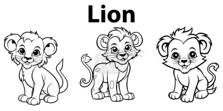 Téléchargez les illustrations : Mignon lion dessin animé coloriage page - en licence libre de droit