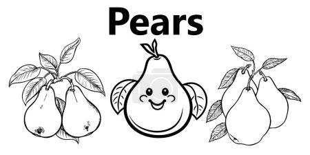 Illustration for Pear with leaf and pear. vector illustration of a set of fruits and berries. isolated on black. - Royalty Free Image