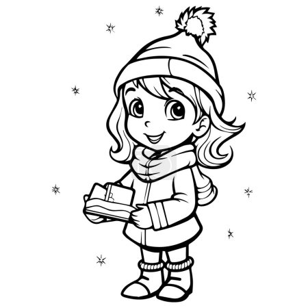 Illustration for Girl with christmas presents, doodle style, coloring book for kids. - Royalty Free Image
