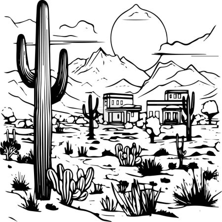 Ilustración de Ilustración vectorial dibujado a mano del paisaje con el desierto - Imagen libre de derechos