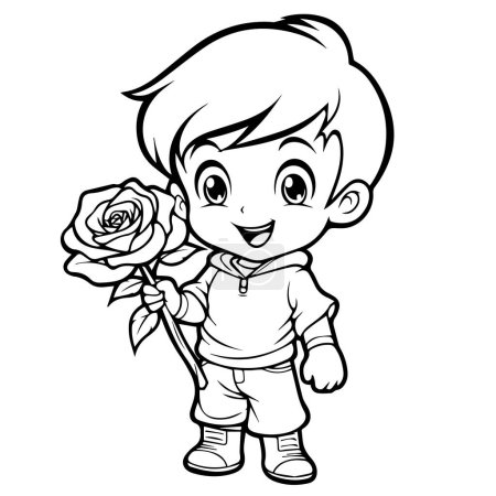 Téléchargez les illustrations : Dessin animé petit garçon tenant une rose et un bouquet - en licence libre de droit