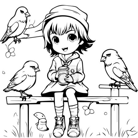 Téléchargez les illustrations : Fille et oiseaux assis et manger de la nourriture - en licence libre de droit