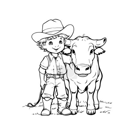 Téléchargez les illustrations : Dessin animé mignon petit garçon et vache dans le chapeau. - en licence libre de droit