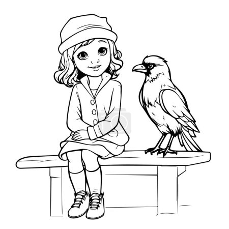 Téléchargez les illustrations : Fille avec un oiseau et un chapeau noir. illustration vectorielle. - en licence libre de droit