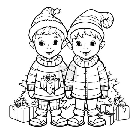 Téléchargez les illustrations : Deux enfants avec cadeaux de Noël, illustration vectorielle - en licence libre de droit