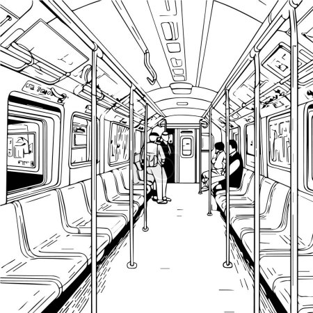 Illustration for Black and white cartoon illustration of a young man in the city of subway - Royalty Free Image