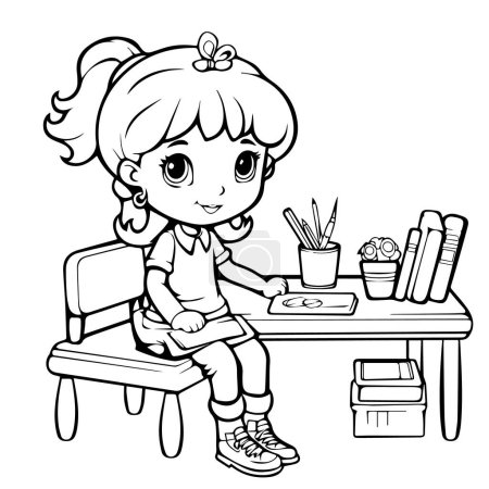 Téléchargez les illustrations : Petite fille assise dans le bureau de l'école avec des livres et dessin vectoriel pomme illustration - en licence libre de droit