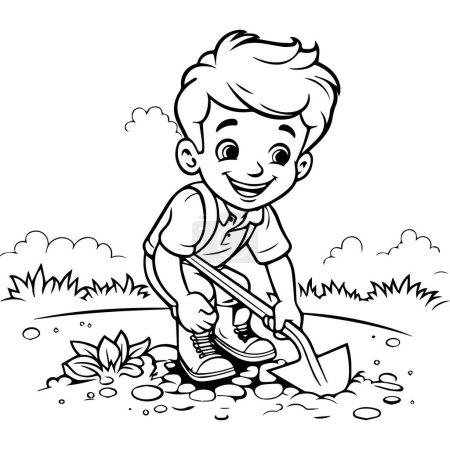 Téléchargez les illustrations : Dessin animé garçon avec pelle creuser le sol - en licence libre de droit
