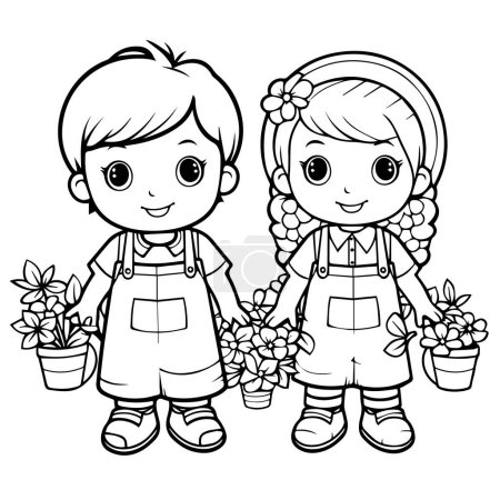 Illustration for Coloring page with kids in the garden. vector coloring book illustration. - Royalty Free Image