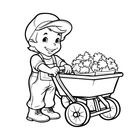 Téléchargez les illustrations : Vecteur dessin animé garçon avec brouette de plantes - en licence libre de droit