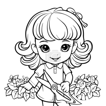 Téléchargez les illustrations : Illustration de dessin animé d'une jolie petite fille avec des fleurs - en licence libre de droit
