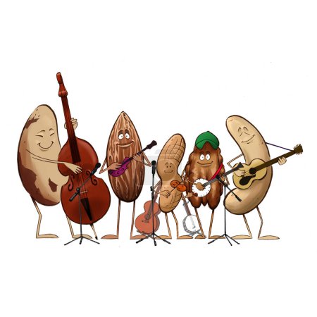 Téléchargez les photos : Illustration de dessins animés de divers écrous jouant des instruments de bluegrass en tant que groupe. - en image libre de droit