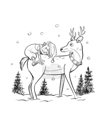 Photo for Black and white cartoon illustration of an elf hugging a reindeer. - Royalty Free Image