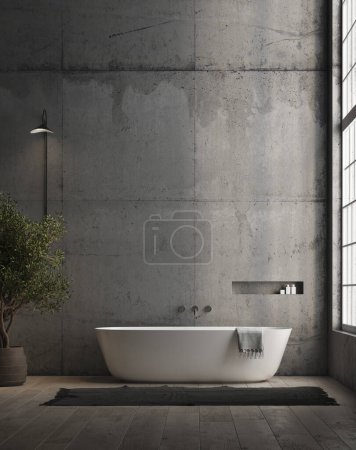 3d Render of modern Concrete wall bathroom with white bathtub. Wood floor and big window with natural light on the right. Little tree and wall lamp.