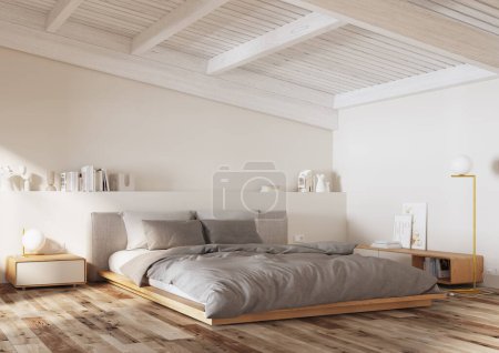 Photo for Bedroom with bed on the floor, natural light. Laminate flooring with parquet. Textile decoration, with large cushions. wooden beams - Royalty Free Image