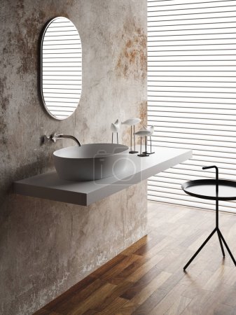 Foto de 3d Renderizar cuarto de baño con pared vieja y lavabo blanco y espejo. Suelo de madera y luz suave natural derecha. - Imagen libre de derechos