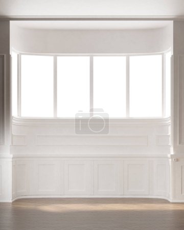 Téléchargez les photos : 3d Rendez-vous de l'espace vide avec mur classique blanc et fenêtre. Sol en bois. - en image libre de droit