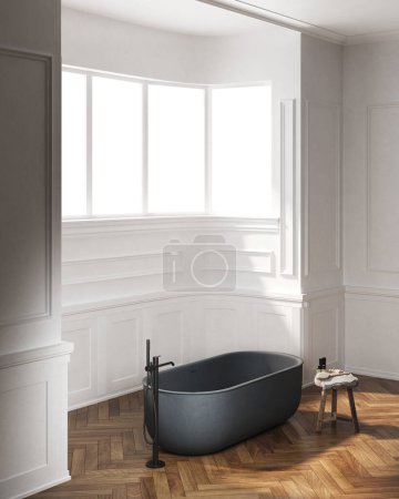 Téléchargez les photos : 3d Render de salle de bain moderne avec mur et fenêtre classiques. Baignoire noire et tabouret avec serviettes. - en image libre de droit