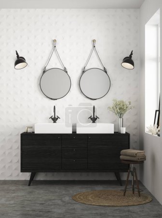 Téléchargez les photos : 3d Render de salle de bain moderne avec mur blanc et double lavabo, robinet et miroirs. - en image libre de droit