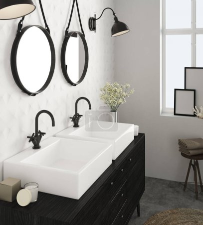Foto de 3d renderizado de baño moderno con pared blanca y doble lavabo, grifo y espejos. - Imagen libre de derechos