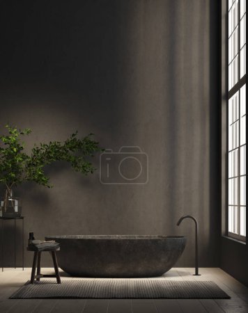Téléchargez les photos : 3d Render de salle de bain moderne avec mur en plâtre noir et baignoire noire. Grande fenêtre avec lumière naturelle à droite. Grande plante et tabouret avec serviettes. - en image libre de droit