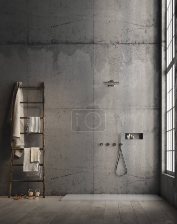 3d Render de moderne salle de bain murale en béton avec douche. Sol en bois et grande fenêtre avec lumière naturelle sur la droite. Échelle en bois avec serviettes.