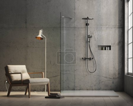 Téléchargez les photos : 3d Render de moderne salle de bain murale en béton avec douche. Sol en bois et grande fenêtre avec lumière naturelle sur la droite. Fauteuil en cuir à gauche avec lampadaire. - en image libre de droit