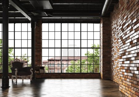 3d Rendement d'un espace vide moderne avec une grande fenêtre. Mur de briques sur le côté droit. Sol en bois avec tapis gris et fauteuil classique.