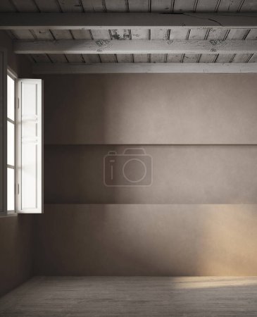 Photo for 3d Render of modern empty space with plaster wall. Window on the left side with natural light. Wood floor and ceiling. - Royalty Free Image