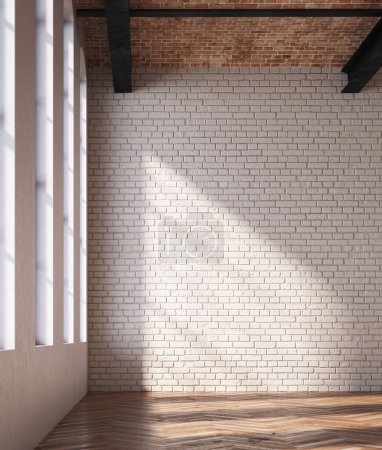 3d Render of a modern empty space with a great window. White brick wall. Wood floor.