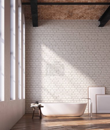 Téléchargez les photos : 3d Render d'une salle de bain moderne avec une grande fenêtre. Baignoire blanche et mur de briques blanches. Sol en bois. - en image libre de droit