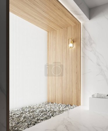 Foto de 3d Renderizado de baño moderno espacio vacío con mármol blanco y paredes de madera. Espacio para una bañera y piedras blancas en el suelo. Luz natural. Lámpara metálica de pared. - Imagen libre de derechos