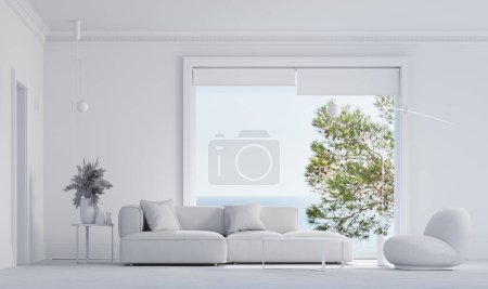 Téléchargez les photos : 3d Render of Livingroom avec tous les murs blancs et plancher de bois. Canapé schématique blanc et fauteuil avec lampadaire. Grande fenêtre avec vue sur la mer Méditerranée. Lumière douce naturelle. - en image libre de droit