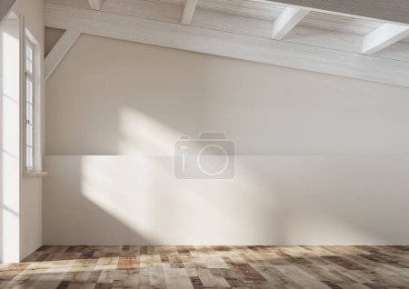 Foto de 3d Representación de un espacio vacío con vigas de madera blanca techo. Suelo de madera. Luz natural de día suave. - Imagen libre de derechos